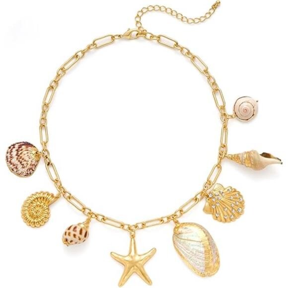 Gold Seashell Necklace | Conch & Starfish Pendant, Ocean-Inspired Jewelry. - Picture 1 of 5